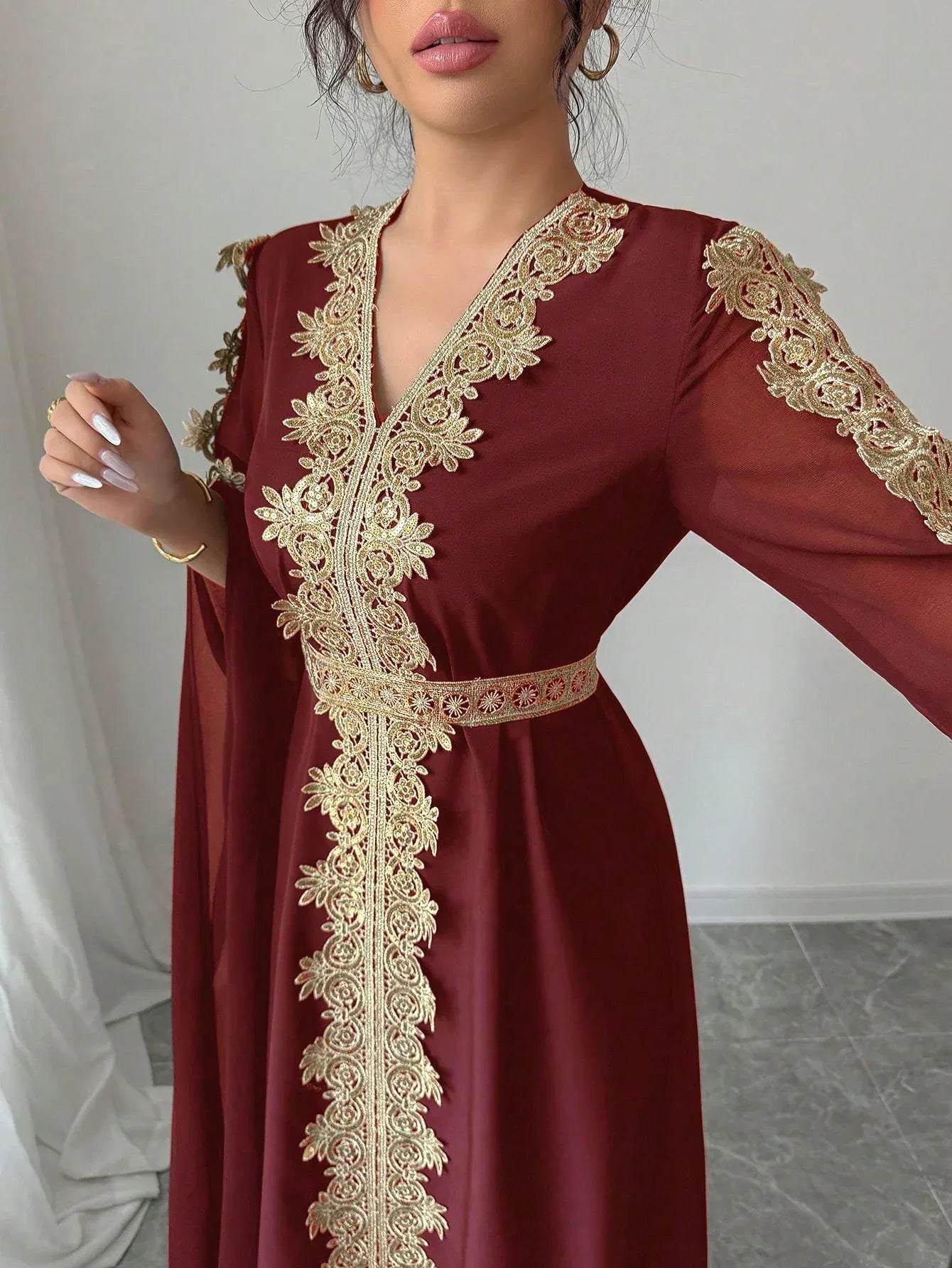 Rafferiza عباءة نسائية طويلة الأكمام بتصميم لوحات متناسقة، فستان كفتان بلون أحادي مع تطريز دانتيل - alotasawkli