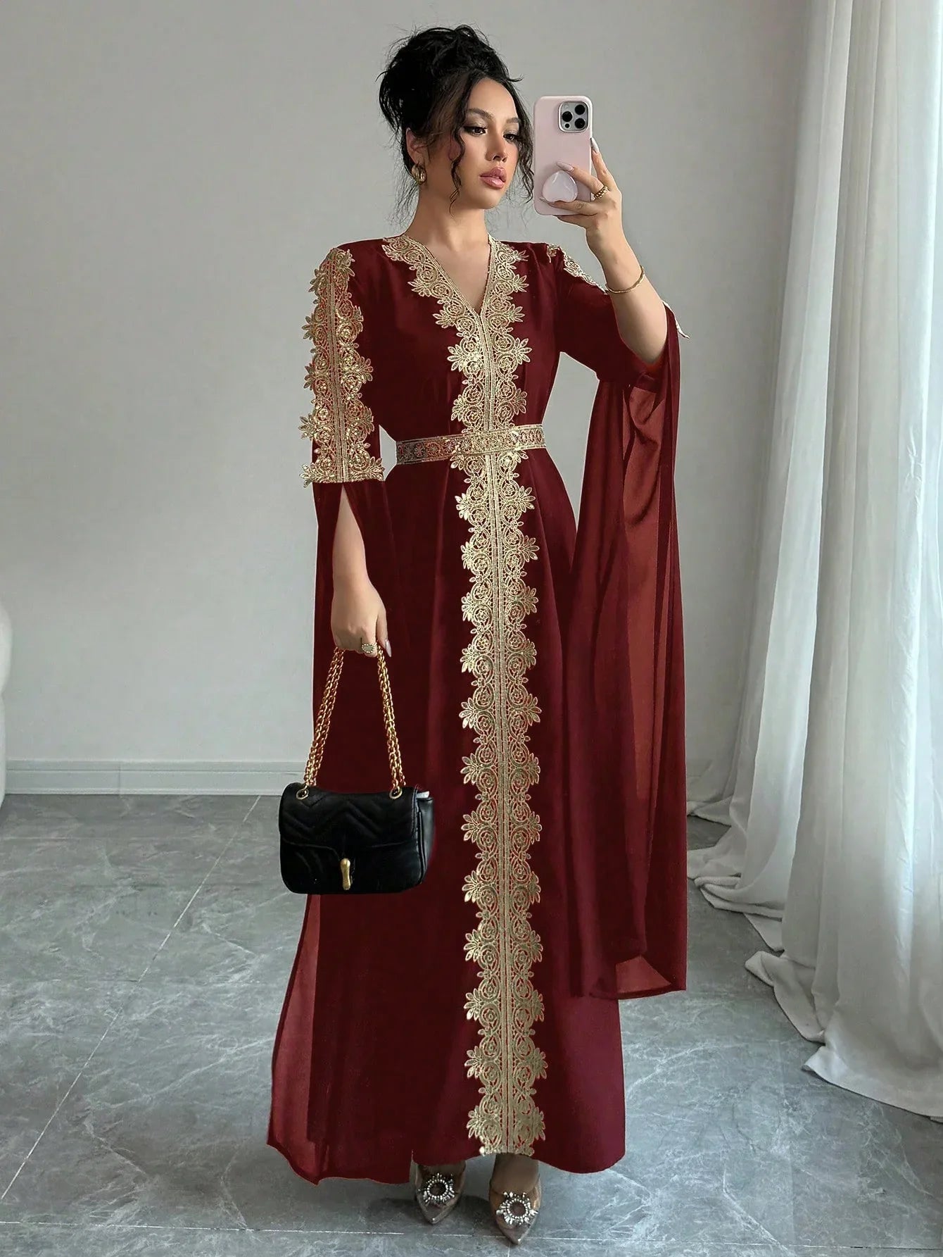 Rafferiza عباءة نسائية طويلة الأكمام بتصميم لوحات متناسقة، فستان كفتان بلون أحادي مع تطريز دانتيل - alotasawkli