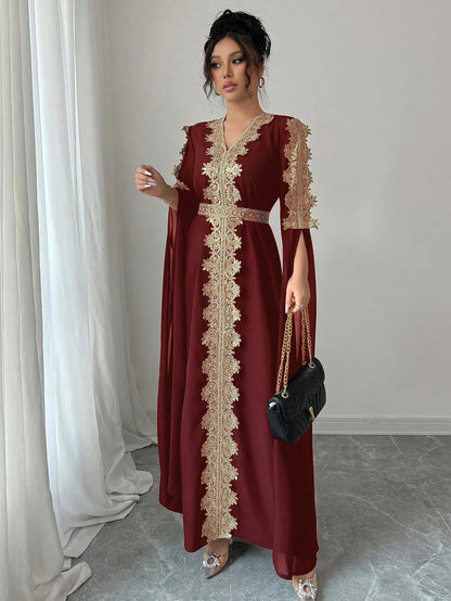 Rafferiza عباءة نسائية طويلة الأكمام بتصميم لوحات متناسقة، فستان كفتان بلون أحادي مع تطريز دانتيل - alotasawkli