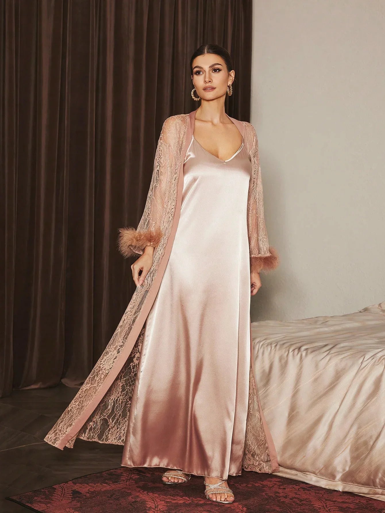 Elegant Two-Piece Satin & Lace Loungewear Set - alotasawkli