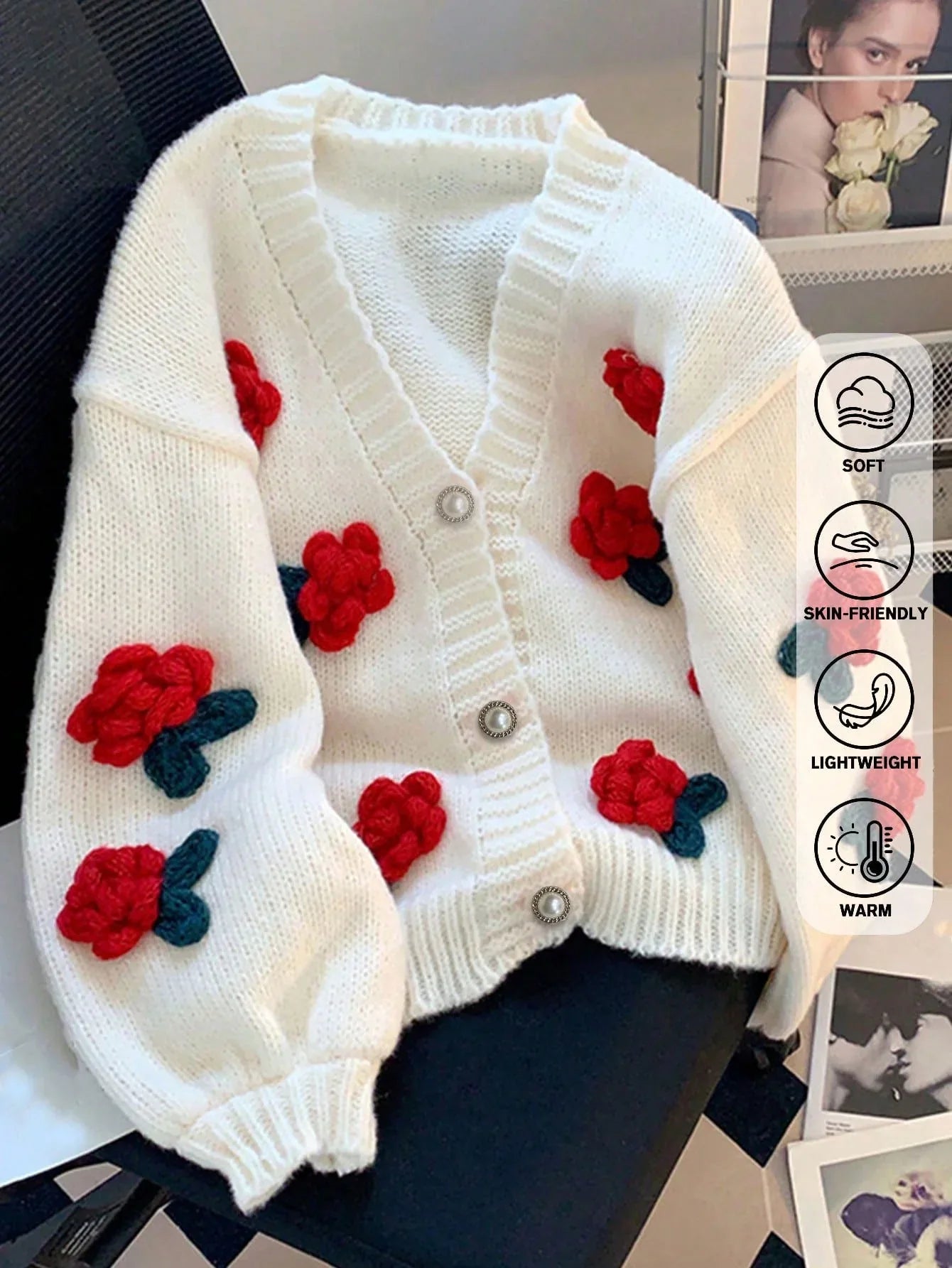SHEIN-JIANHU Cardigan with 3D Floral Embroidery - alotasawkli