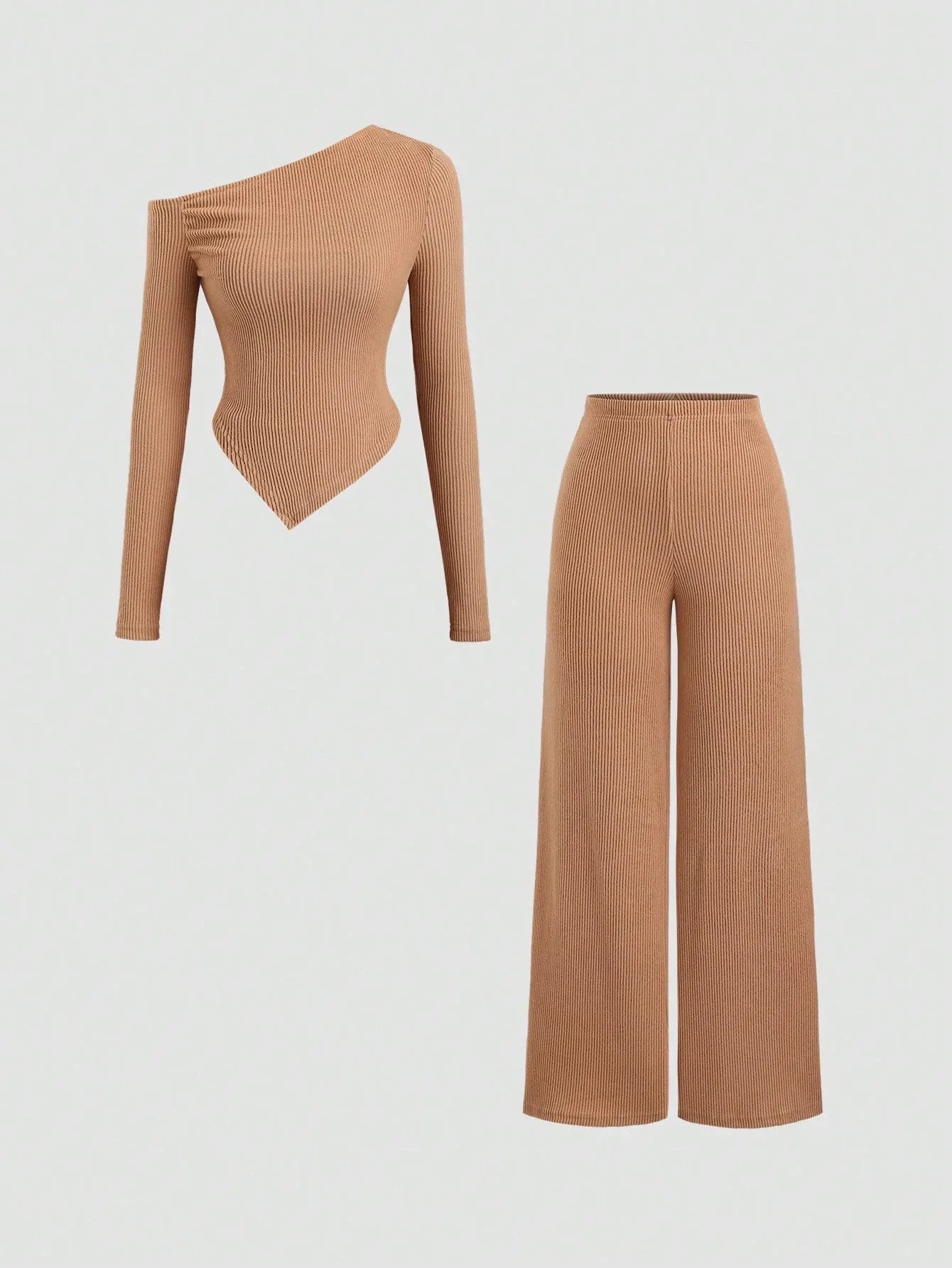 SHEIN-Flirla Asymmetrical Shoulder Velvet Top + Low-Waisted Wide-Leg Pants - alotasawkli