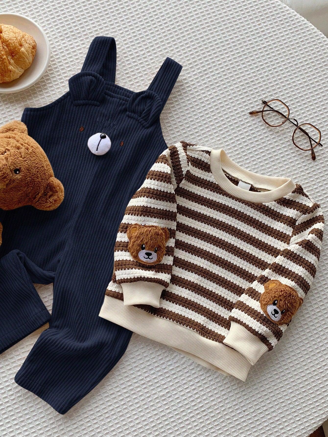 Kids’ 2-Piece Striped Long-Sleeve Top & Corduroy Bear Overalls Set - alotasawkli