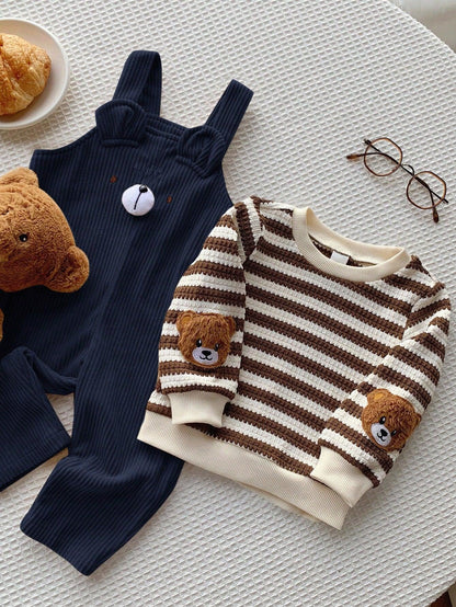 Kids’ 2-Piece Striped Long-Sleeve Top & Corduroy Bear Overalls Set - alotasawkli