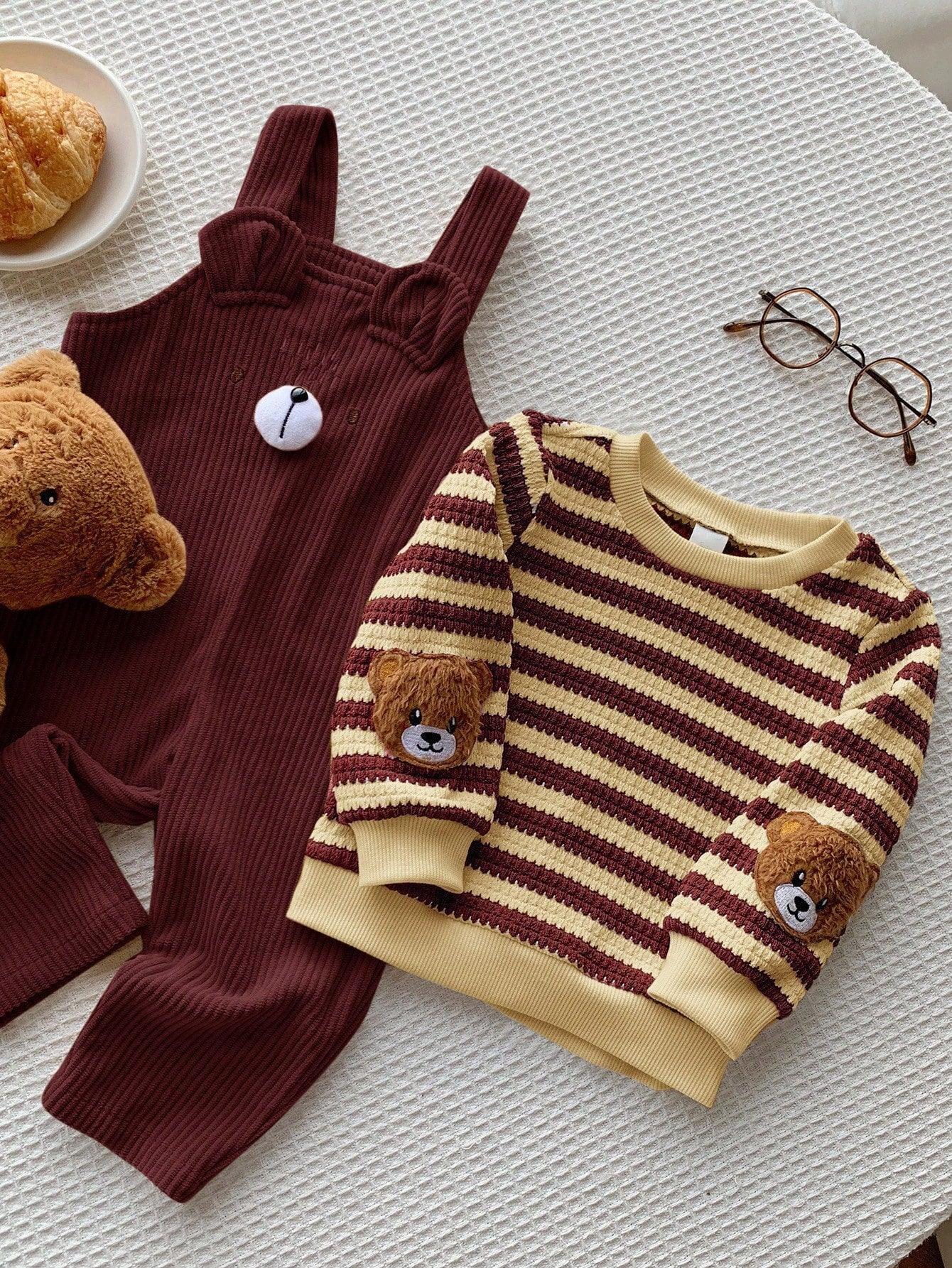Kids’ 2-Piece Striped Long-Sleeve Top & Corduroy Bear Overalls Set - alotasawkli