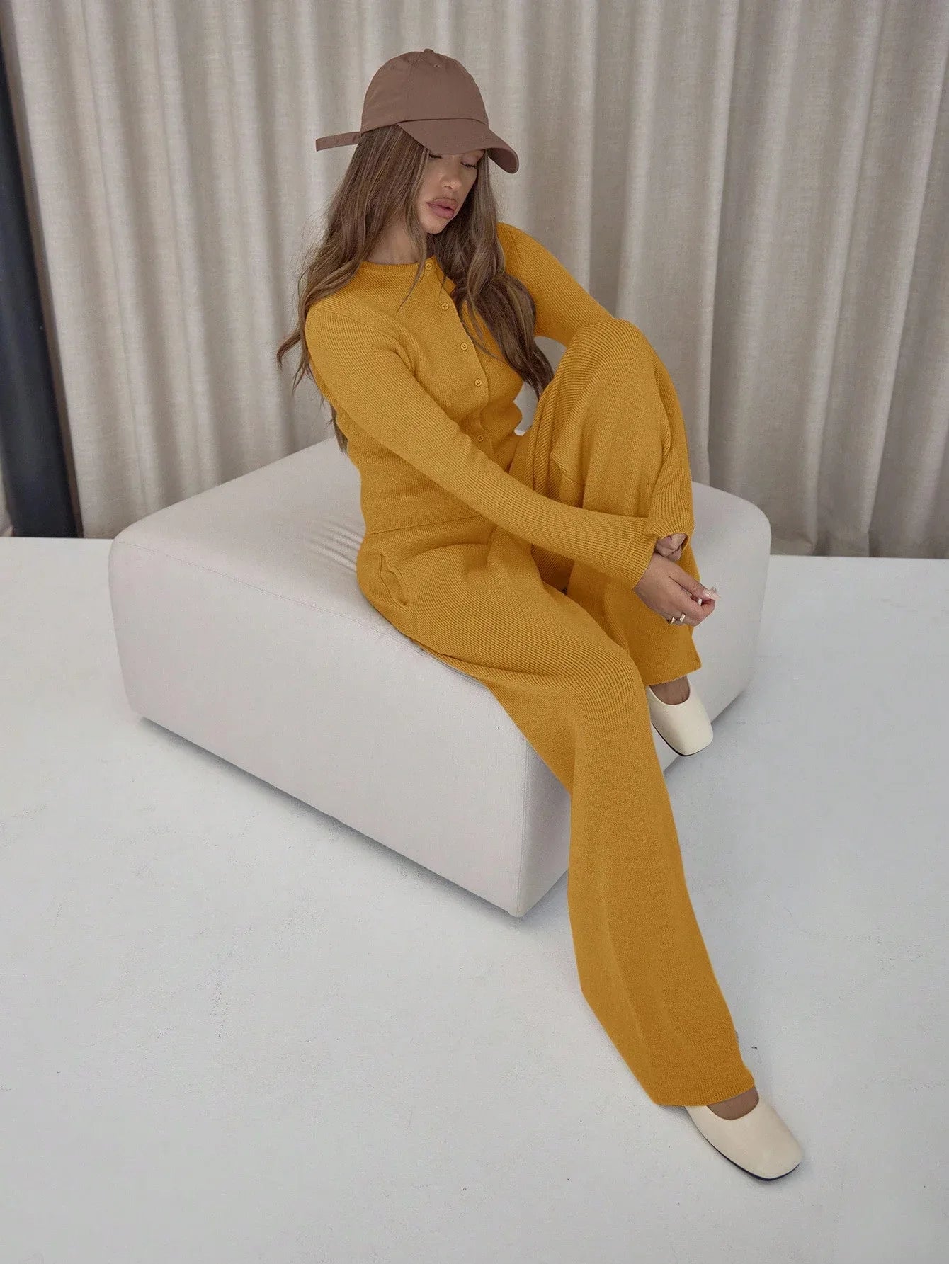 SHEIN-MUSERA long-sleeved button-up cardigan, elastic knit pants - alotasawkli