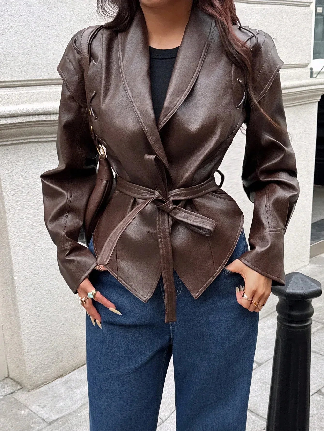SHEIN-Leather jacket with a stand-up collar and belt - alotasawkli