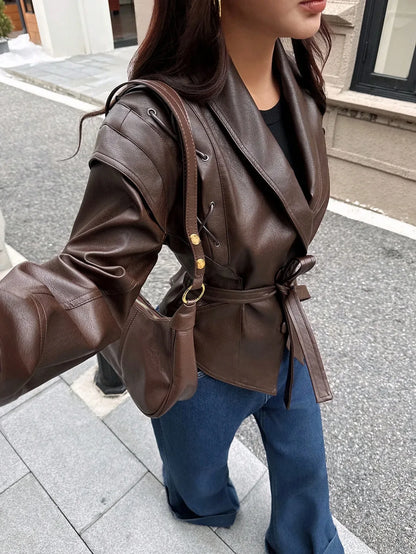 SHEIN-Leather jacket with a stand-up collar and belt - alotasawkli
