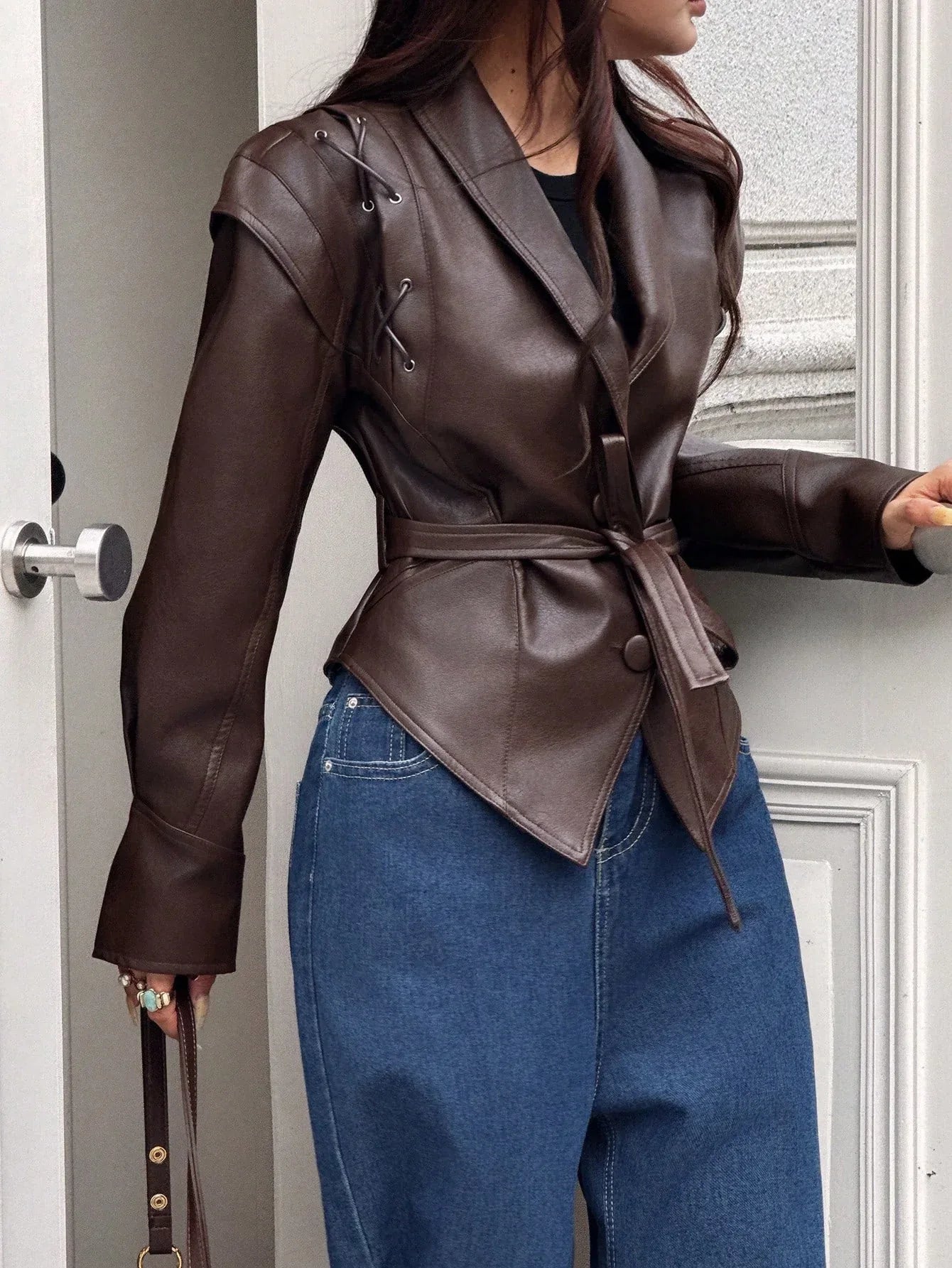 SHEIN-Leather jacket with a stand-up collar and belt - alotasawkli