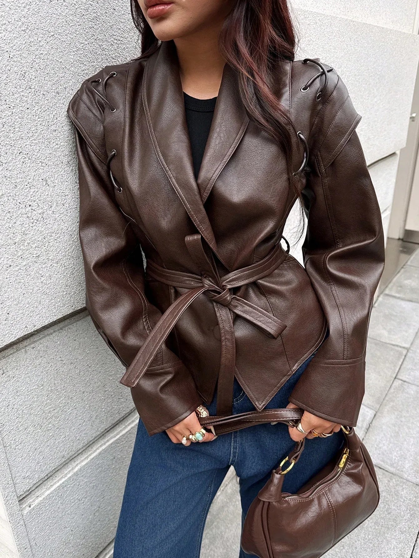 SHEIN-Leather jacket with a stand-up collar and belt - alotasawkli