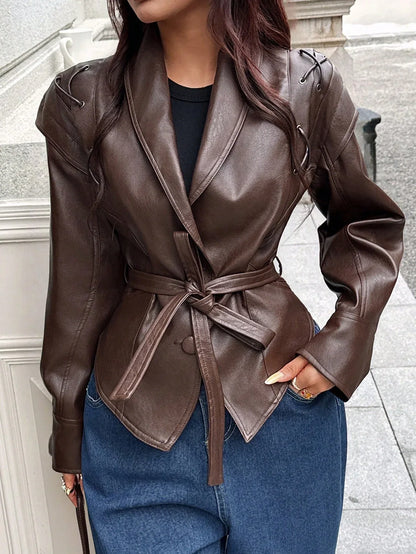 SHEIN-Leather jacket with a stand-up collar and belt - alotasawkli