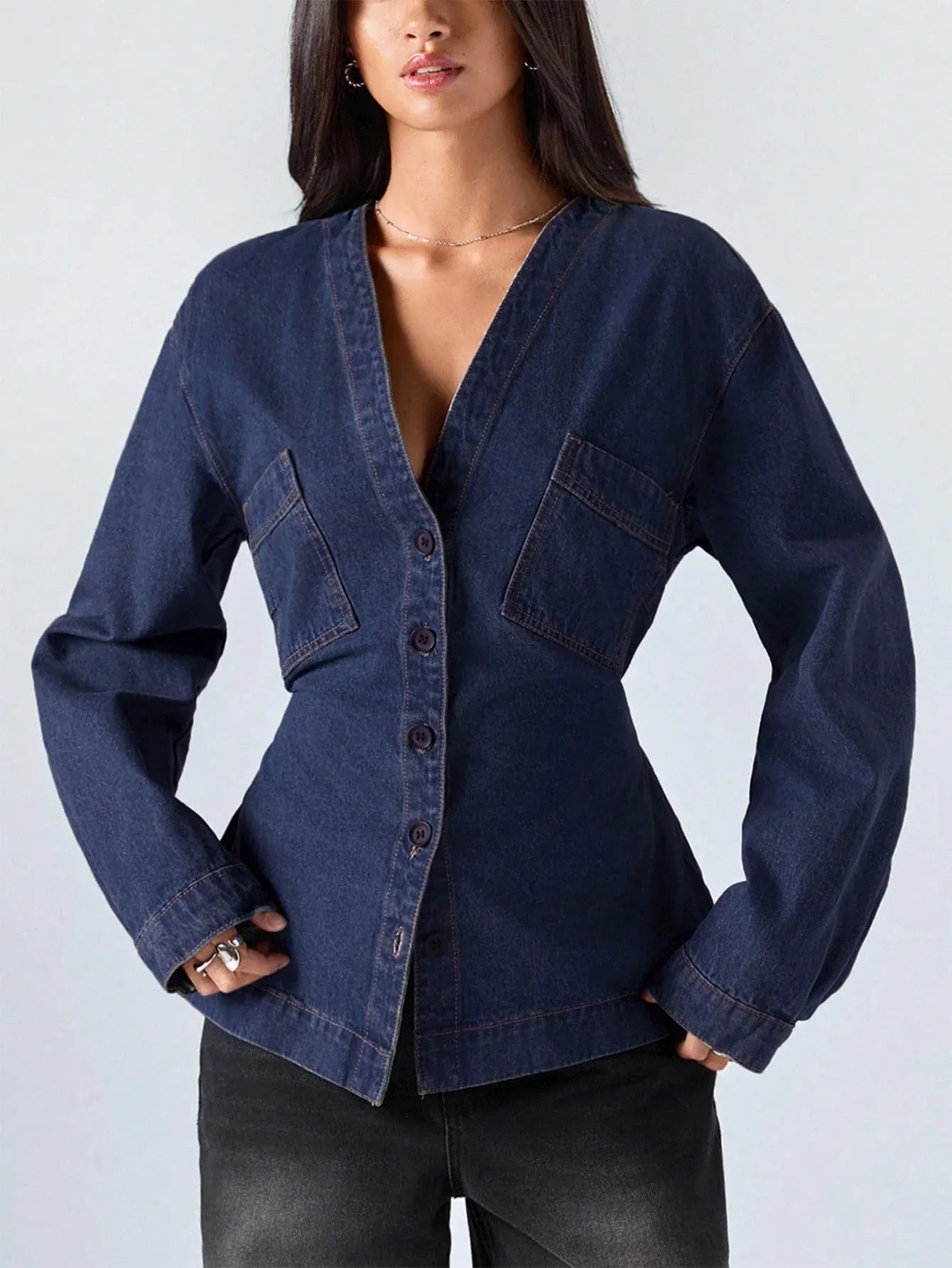 SHEIN-Women's Casual Washed Denim Blouse with Waist Belt - alotasawkli