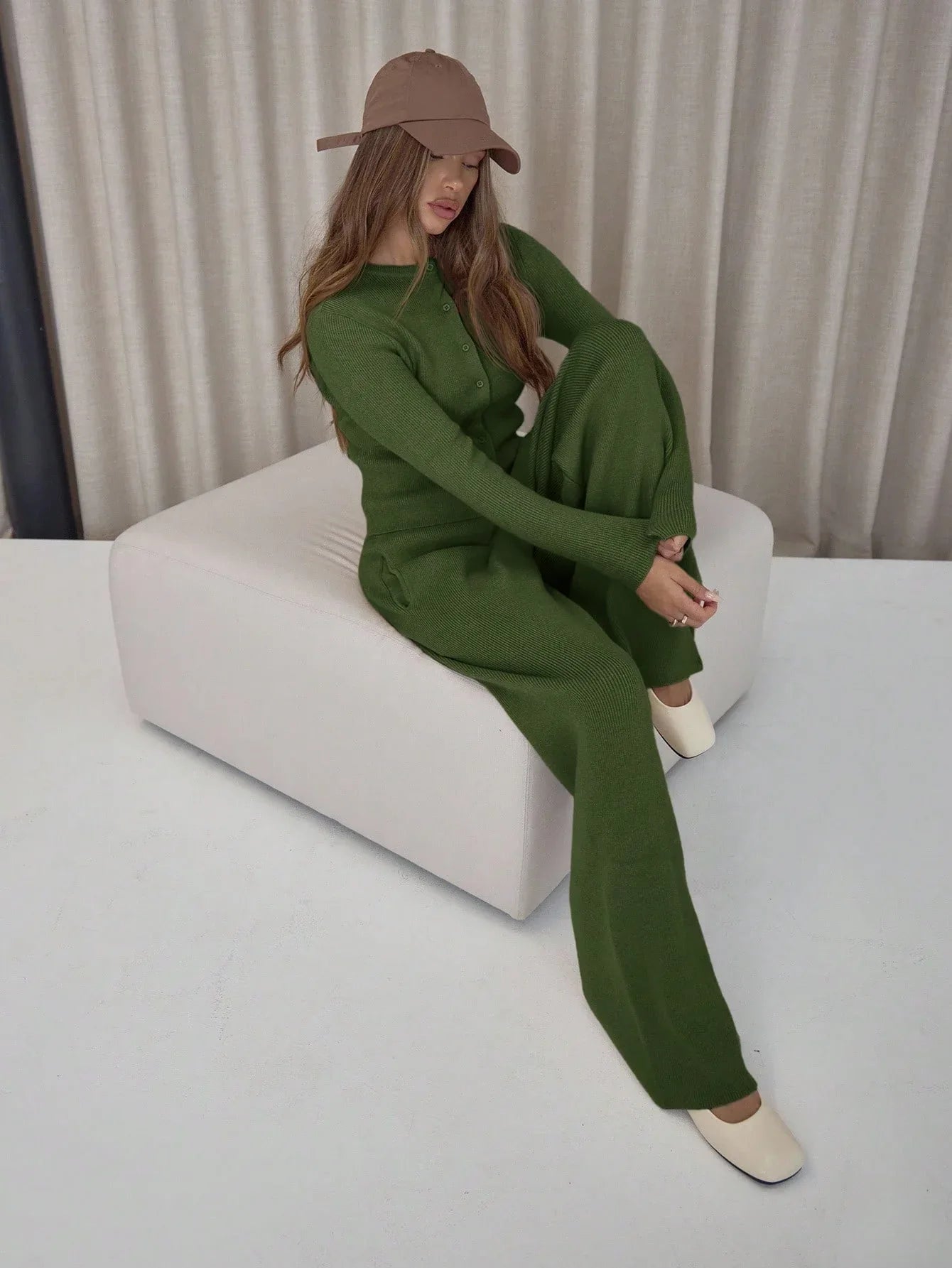 SHEIN-MUSERA long-sleeved button-up cardigan, elastic knit pants - alotasawkli