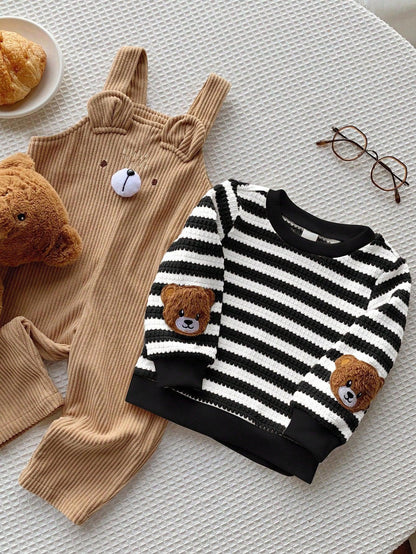 Kids’ 2-Piece Striped Long-Sleeve Top & Corduroy Bear Overalls Set - alotasawkli