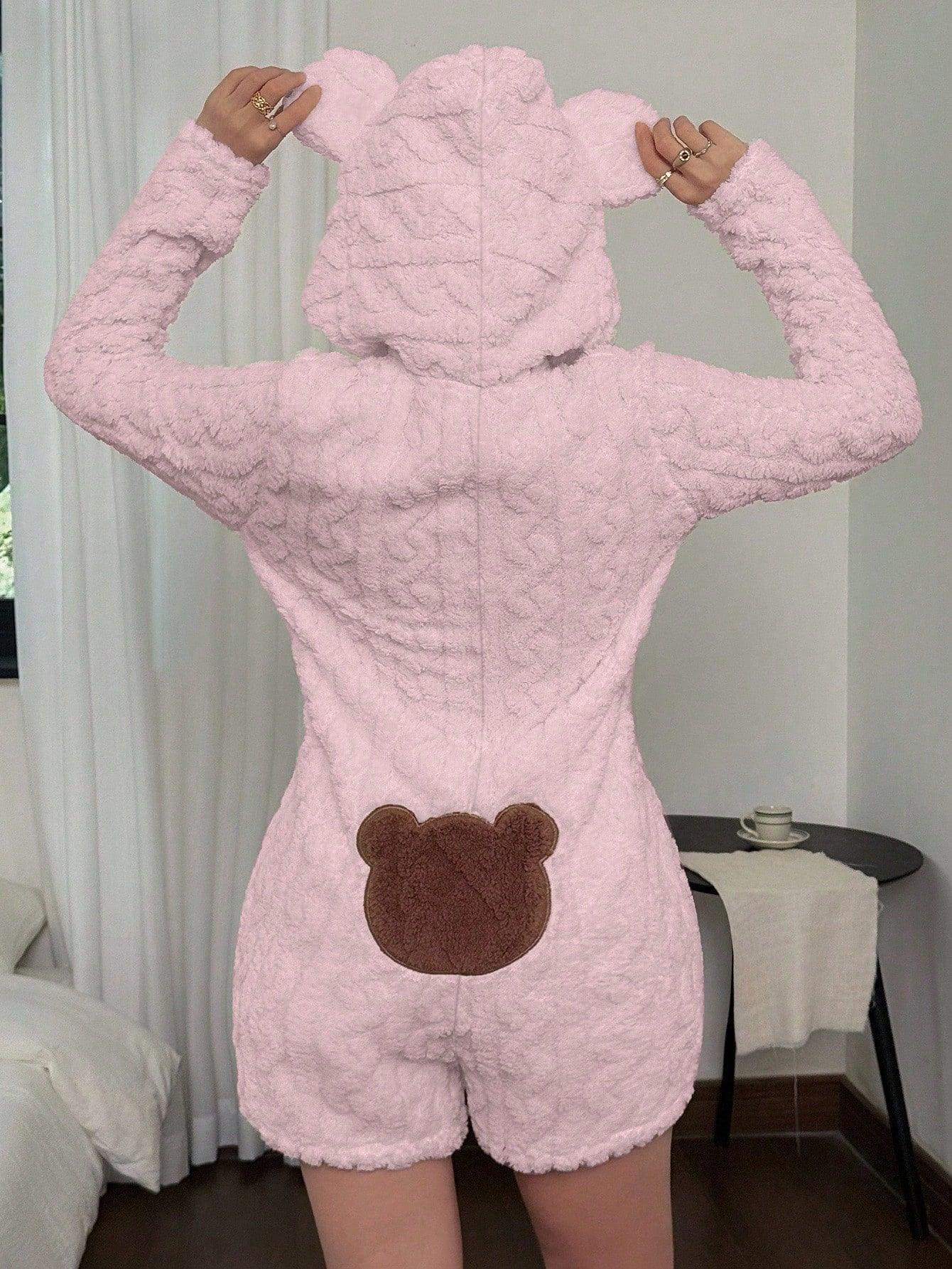 SHEIN Long Sleeve Embroidered Bear Pajamas with Hood - alotasawkli