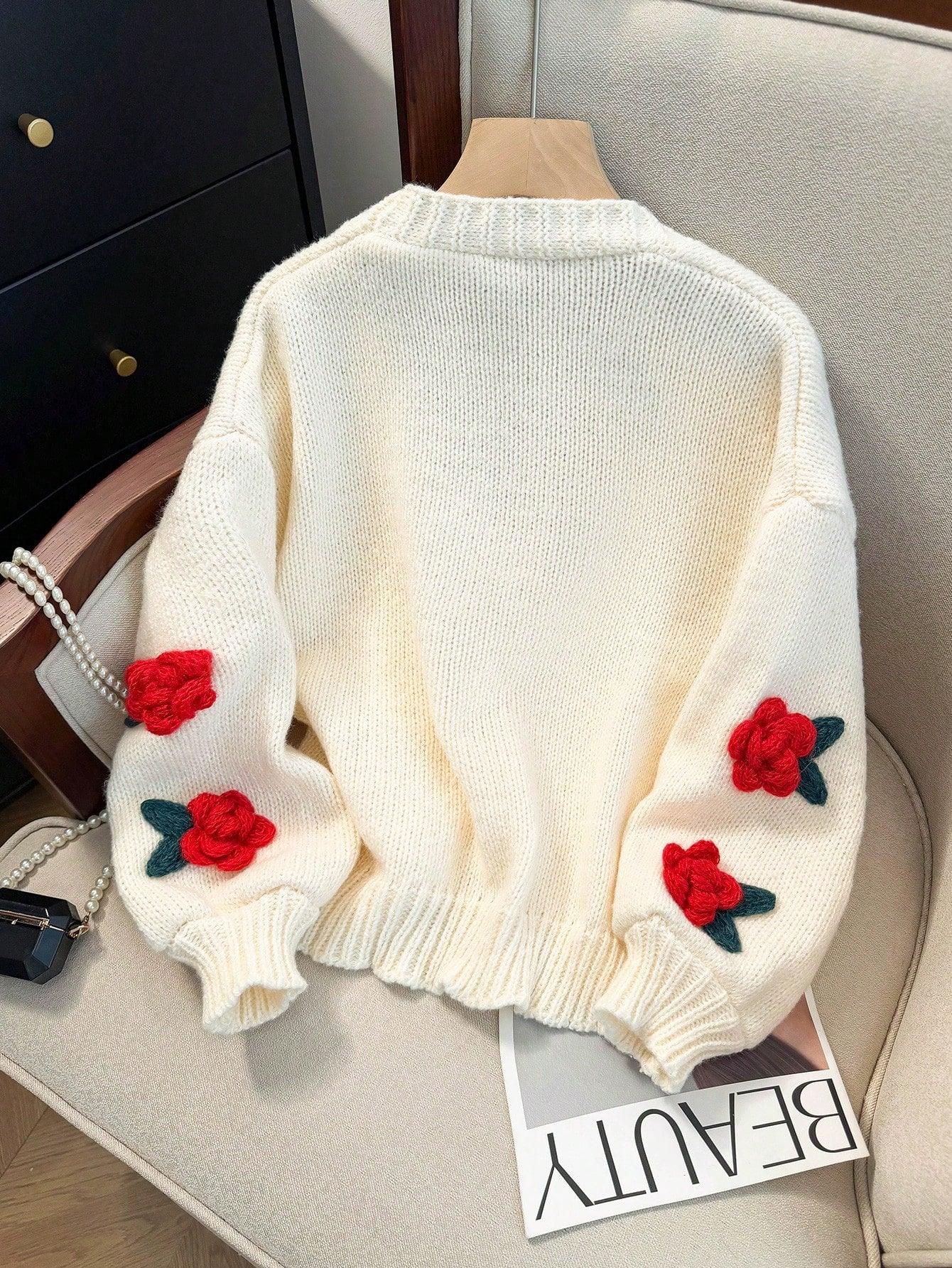 SHEIN-JIANHU Cardigan with 3D Floral Embroidery - alotasawkli