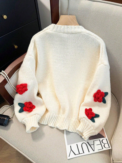 SHEIN-JIANHU Cardigan with 3D Floral Embroidery - alotasawkli