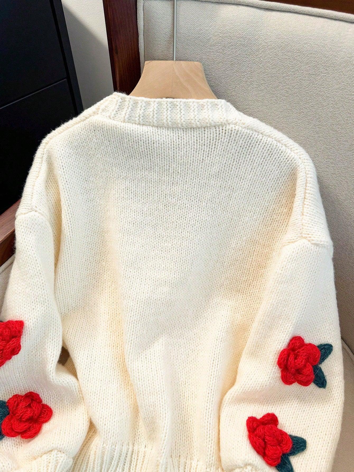 SHEIN-JIANHU Cardigan with 3D Floral Embroidery - alotasawkli