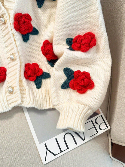 SHEIN-JIANHU Cardigan with 3D Floral Embroidery - alotasawkli