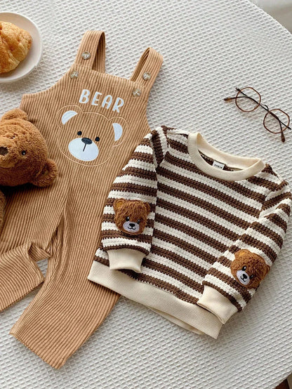 Kids’ 2-Piece Striped Long-Sleeve Top & Corduroy Bear Overalls Set - alotasawkli