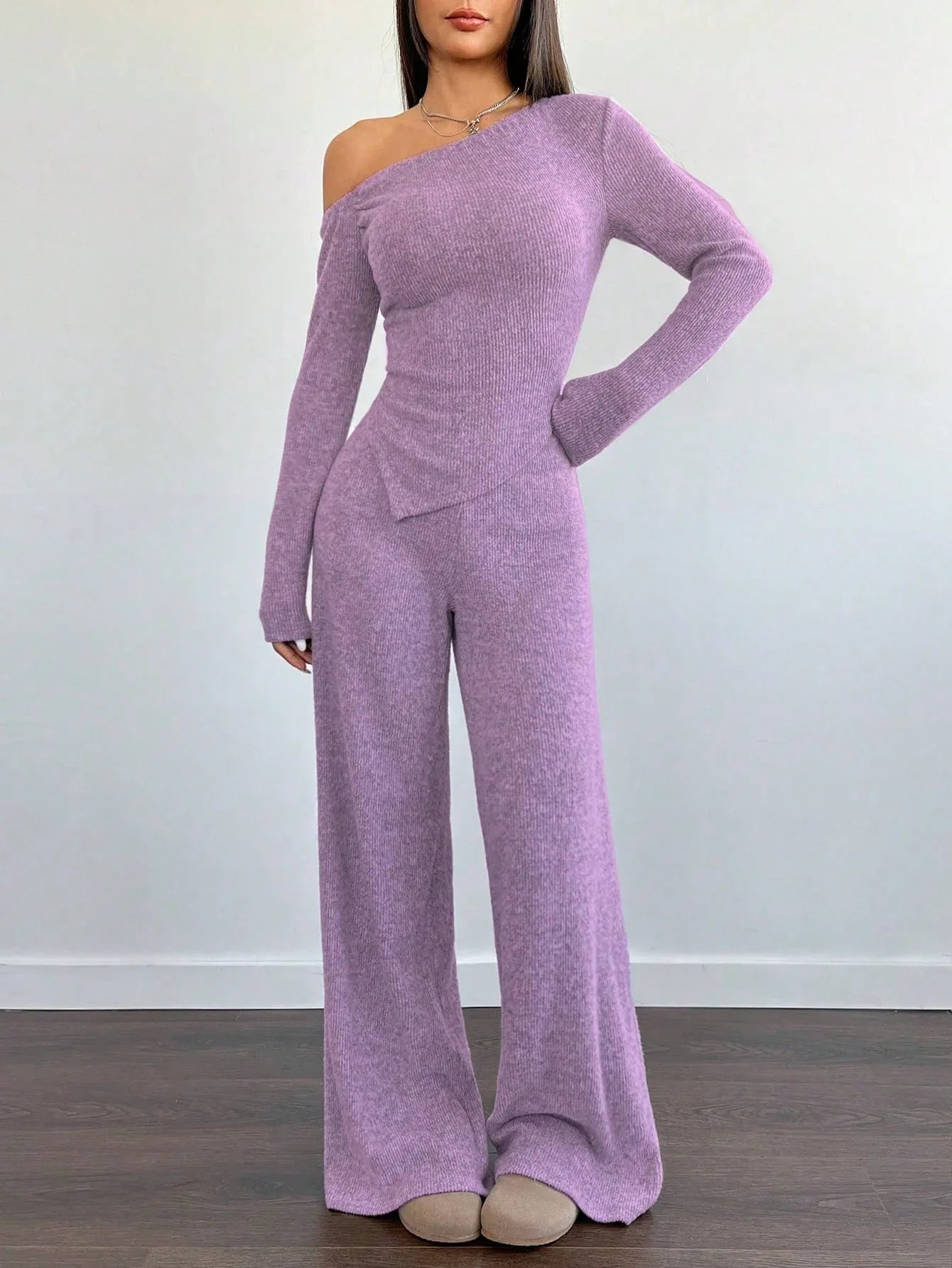 SHEIN-Flirla Asymmetrical Shoulder Velvet Top + Low-Waisted Wide-Leg Pants - alotasawkli