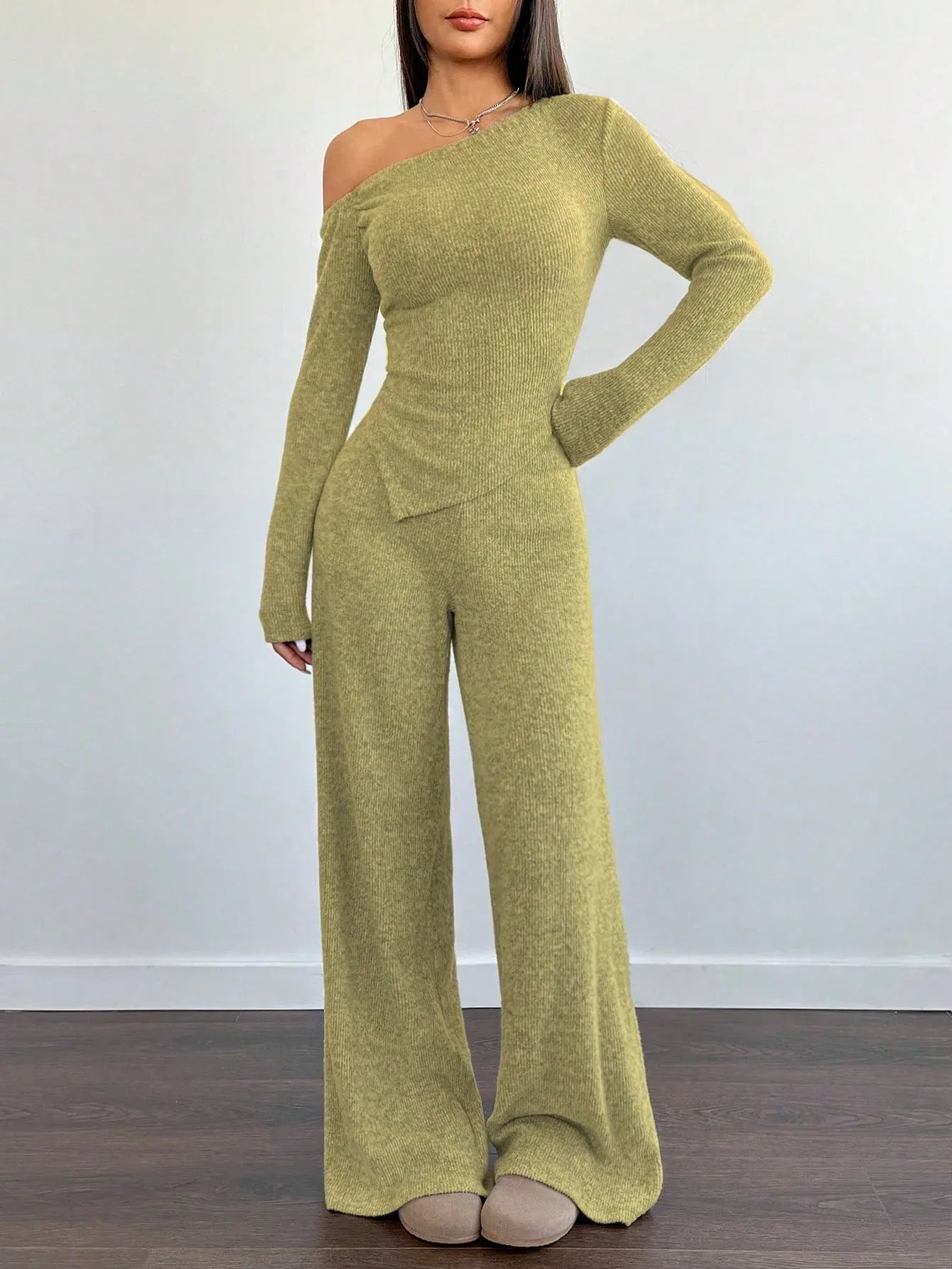 SHEIN-Flirla Asymmetrical Shoulder Velvet Top + Low-Waisted Wide-Leg Pants - alotasawkli