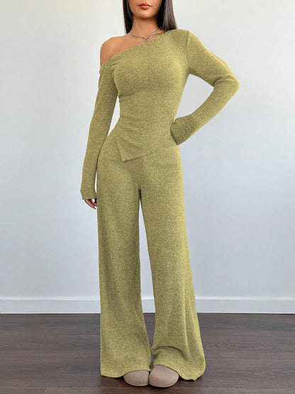 SHEIN-Flirla Asymmetrical Shoulder Velvet Top + Low-Waisted Wide-Leg Pants - alotasawkli