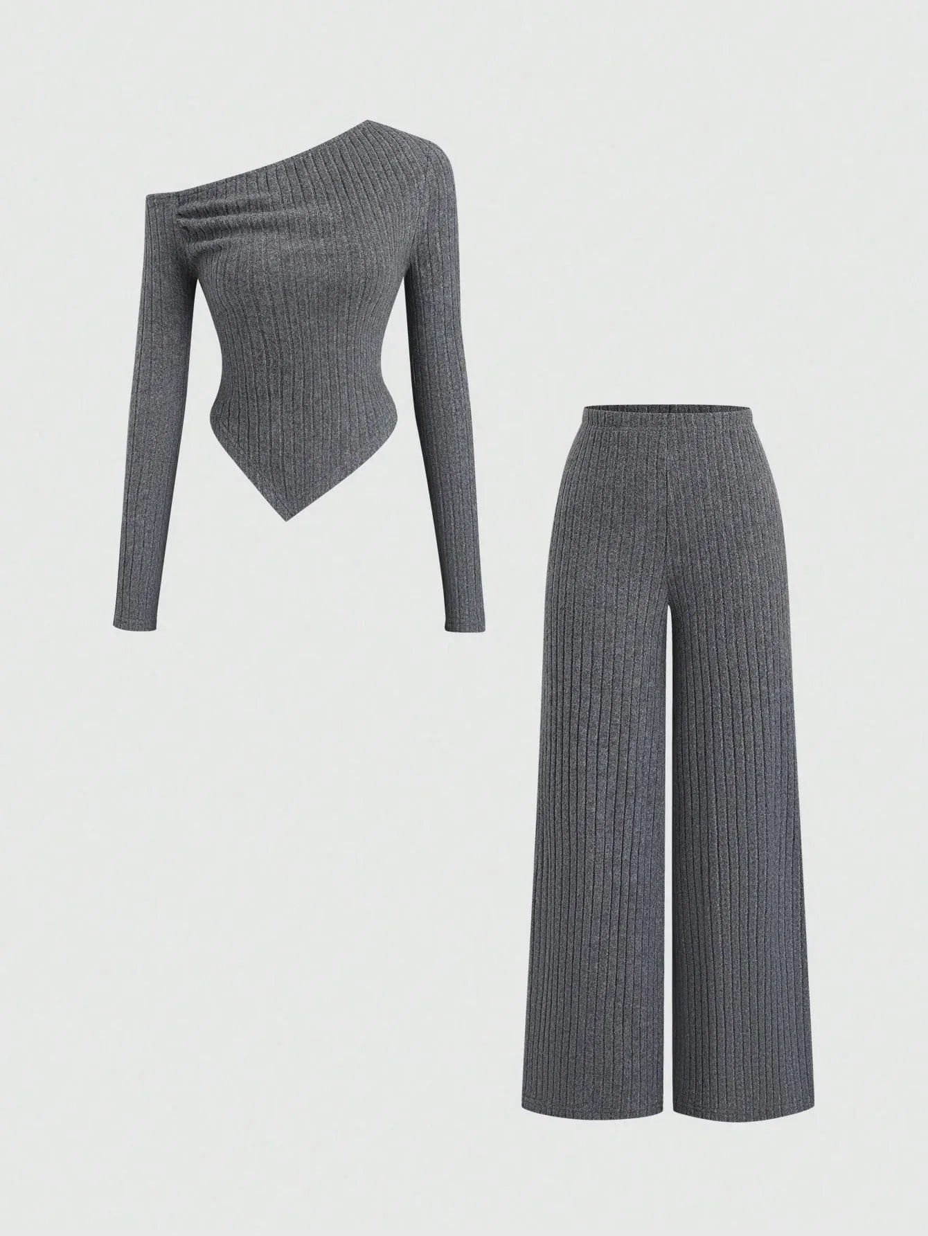 SHEIN-Flirla Asymmetrical Shoulder Velvet Top + Low-Waisted Wide-Leg Pants - alotasawkli