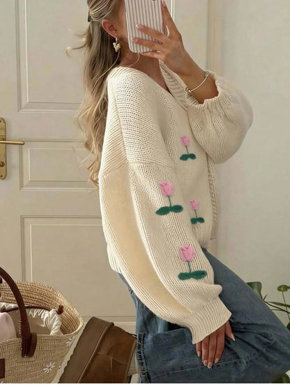 SHEIN-Women's long-sleeved V-neck knit cardigan - alotasawkli