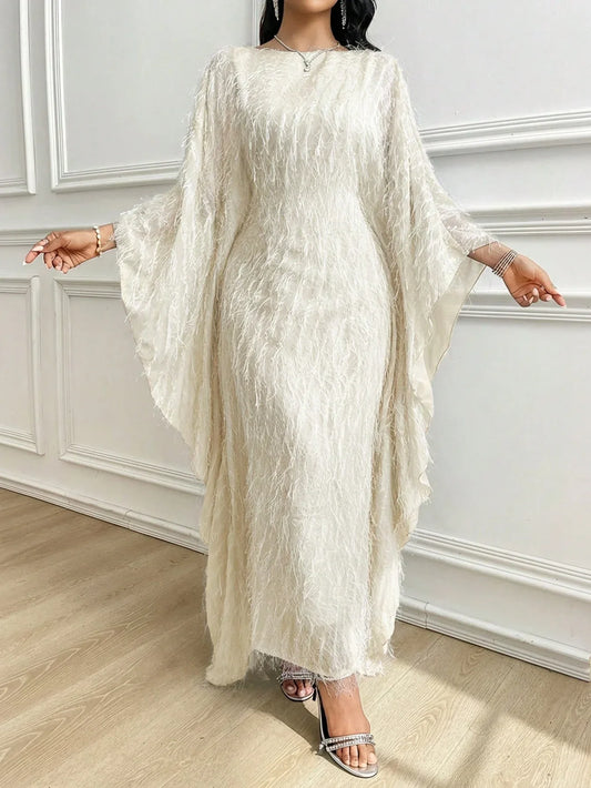 Al Najma رمضان جلابيات قفاطين فستان نسائي بتصميم عربي بياقة قارب وأكمام واسعة مع شراريب، بلون أحادي - alotasawkli