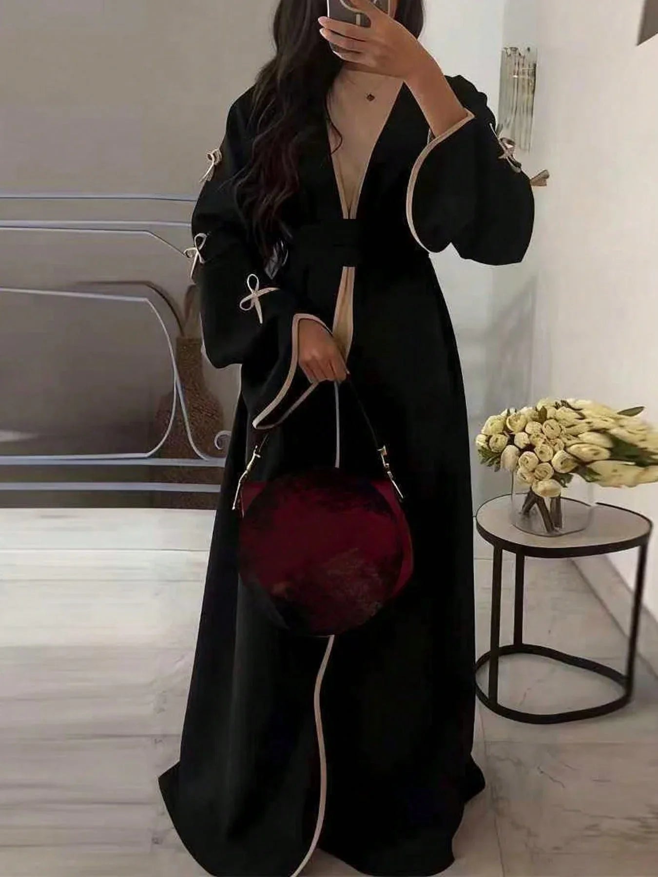 SuofeiMan عباءة أبايا عصرية جديدة من الشرق الأوسط بتصميم بسيط وأنيق، جاكيت لون أحمر داكن ذو لون أحادي، كاجوال ناعم ومريح مع حزام، مناسب لمناسبات الربيع والعطلات والاستخدام اليومي - alotasawkli