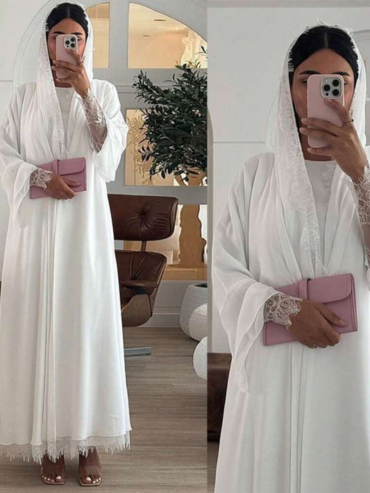Chiffon And Lace Patchwork Front Opening Abaya With Headscarf