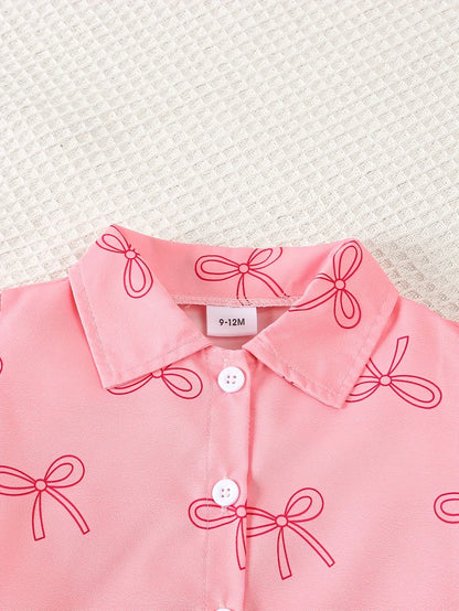 Little Girl's Cute Pink Bow Blouse + Long Pants with Decorative Bows, Perfect for Outdoor - alotasawkli