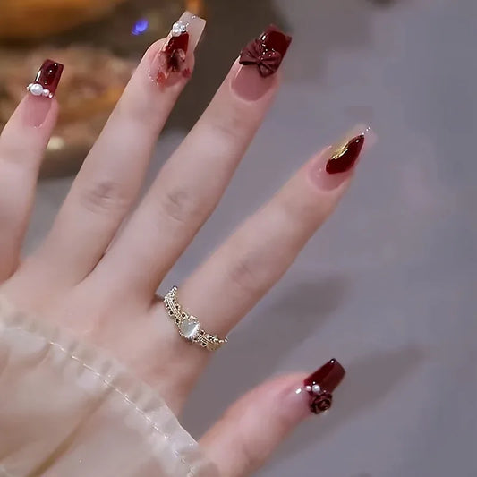 TEMU-24 Festive Red Plaid Nails with Bow Designs - alotasawkli