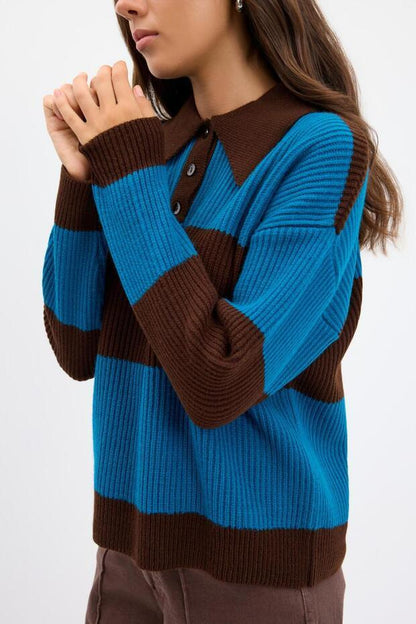 TRENDYOL-Polo Collar Two-Tone Knit Sweater, Brown - alotasawkli