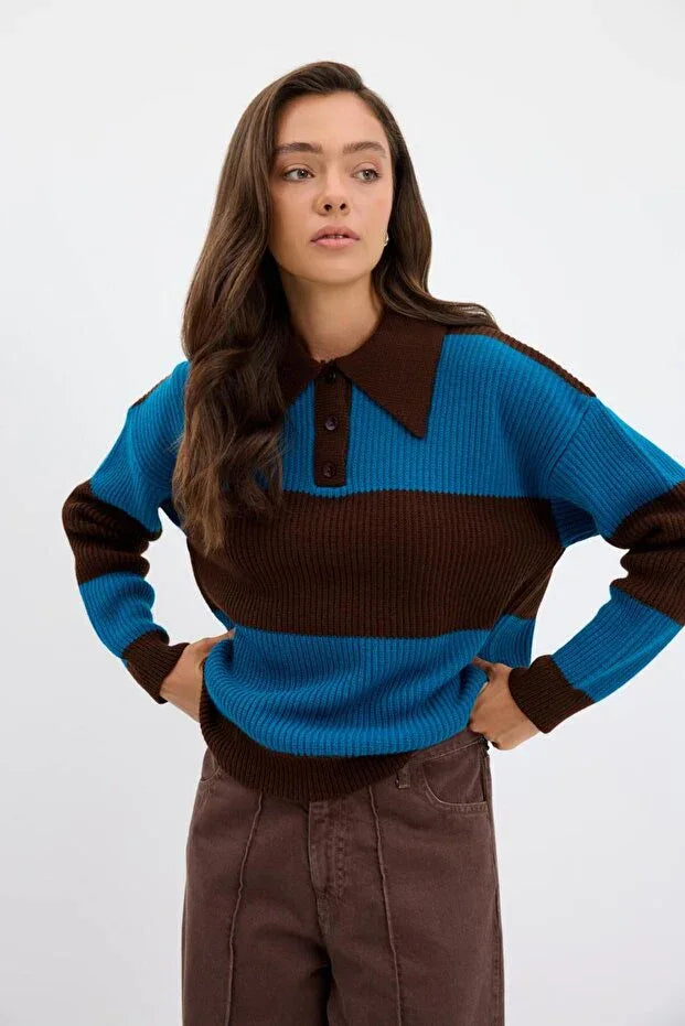 TRENDYOL-Polo Collar Two-Tone Knit Sweater, Brown - alotasawkli