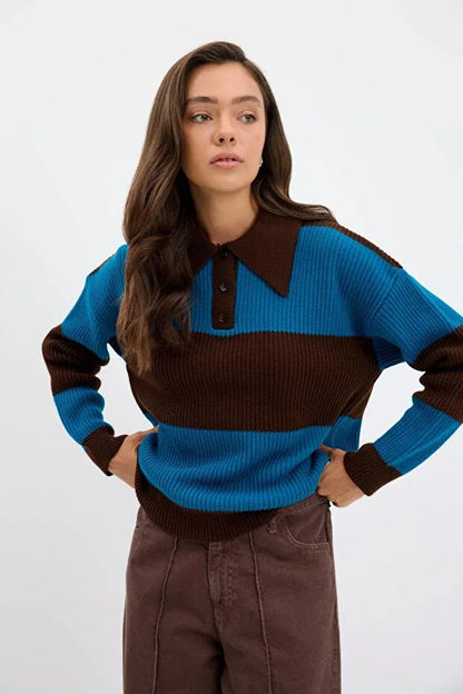 TRENDYOL-Polo Collar Two-Tone Knit Sweater, Brown - alotasawkli