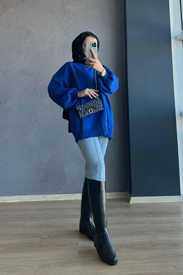 TRENDYOL-Şule Clothing Navy Blue Half-Neck Oversize Knit Sweater - alotasawkli