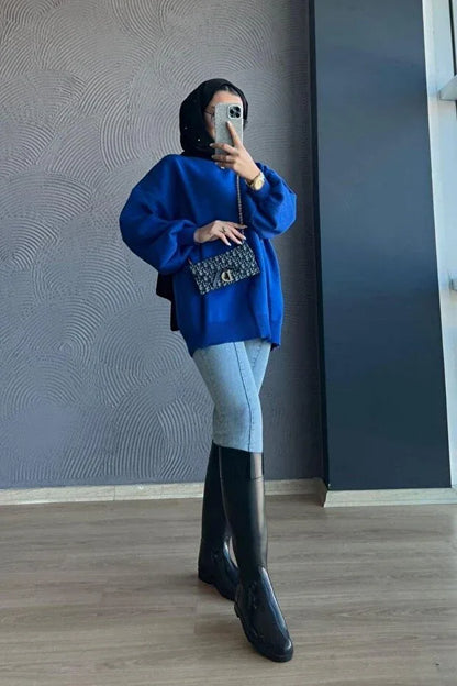 TRENDYOL-Şule Clothing Navy Blue Half-Neck Oversize Knit Sweater - alotasawkli