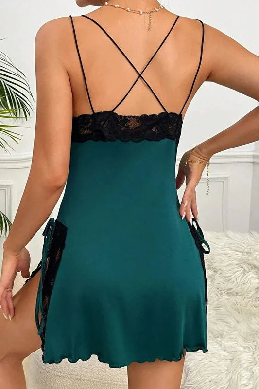 Rose Alexandra Women's Burgundy Elegant Nightgown with Cross Elasticated Side Slit and Lace Details - alotasawkli