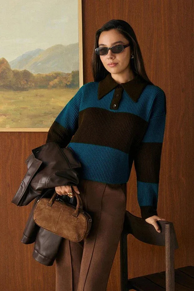 TRENDYOL-Polo Collar Two-Tone Knit Sweater, Brown - alotasawkli