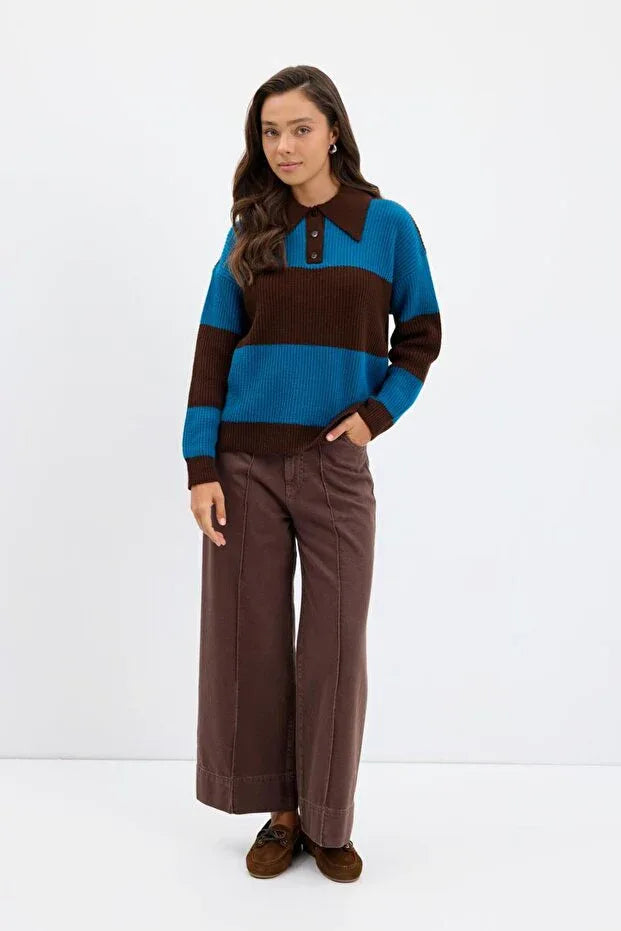 TRENDYOL-Polo Collar Two-Tone Knit Sweater, Brown - alotasawkli