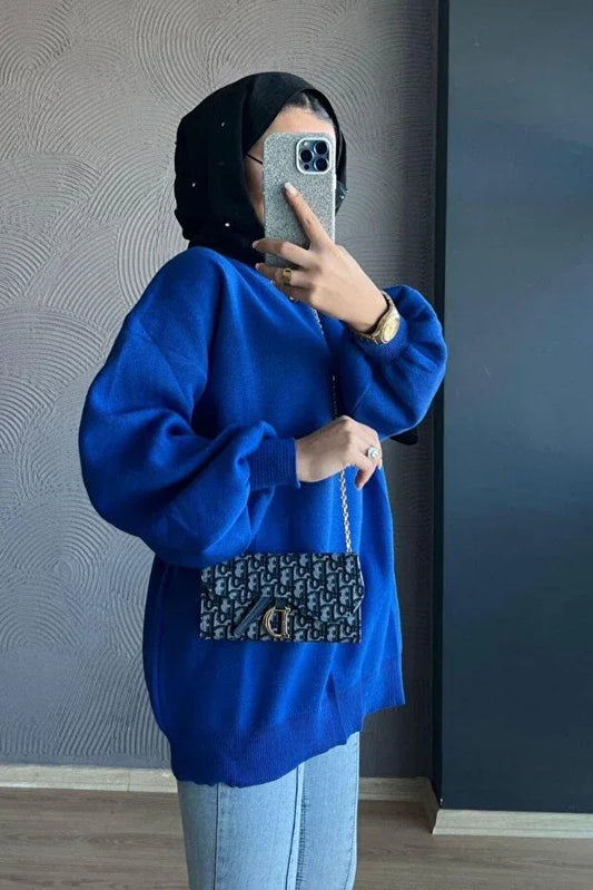 TRENDYOL-Şule Clothing Navy Blue Half-Neck Oversize Knit Sweater - alotasawkli