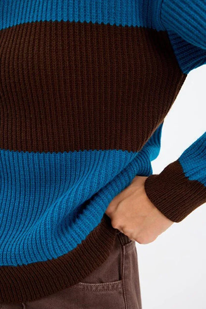 TRENDYOL-Polo Collar Two-Tone Knit Sweater, Brown - alotasawkli