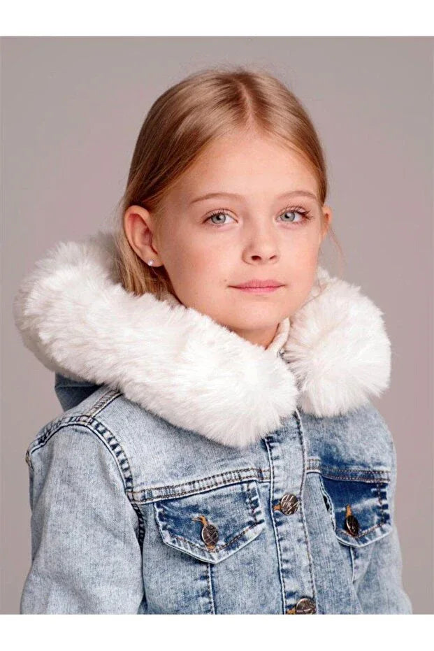 TRENDYOL-Hilal Akıncı Kids Girls' Hooded Blue Denim Jacket with Fur Detail on Sleeves - alotasawkli