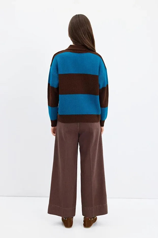 TRENDYOL-Polo Collar Two-Tone Knit Sweater, Brown - alotasawkli