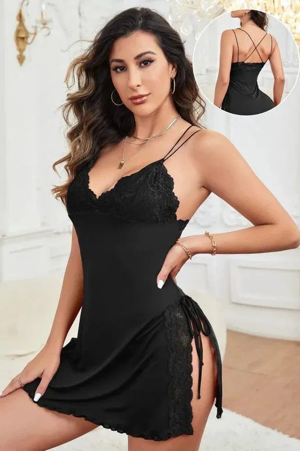 Rose Alexandra Women's Burgundy Elegant Nightgown with Cross Elasticated Side Slit and Lace Details - alotasawkli