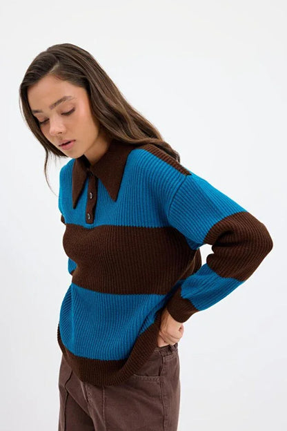 TRENDYOL-Polo Collar Two-Tone Knit Sweater, Brown - alotasawkli