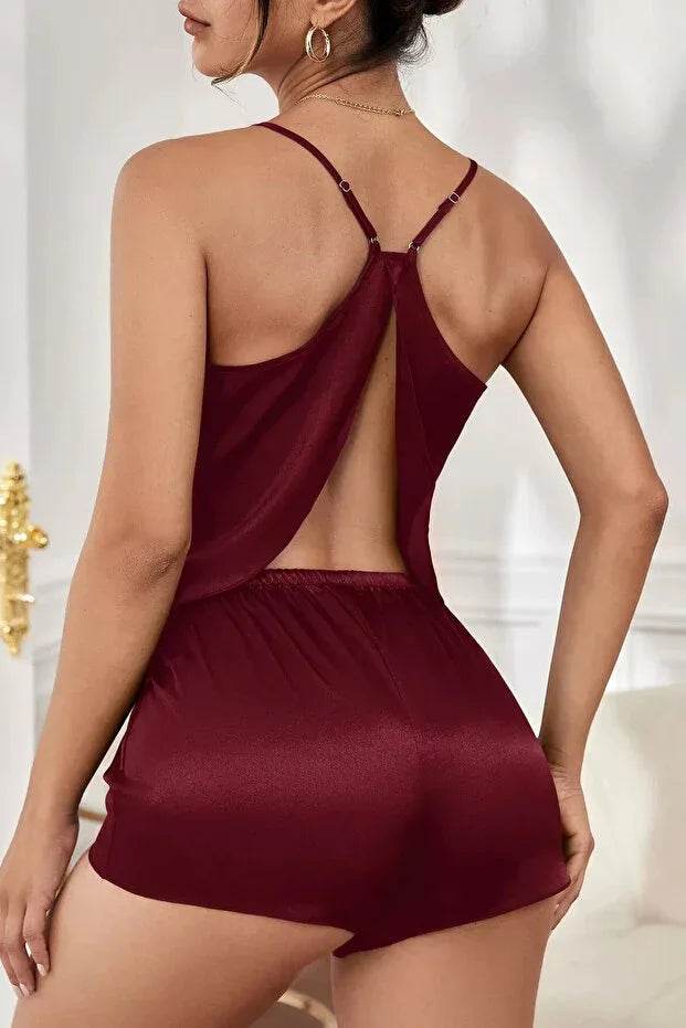 Rose Alexandra Women's Burgundy Backless Elegant Nightgown Set (Top and Bottom) - alotasawkli