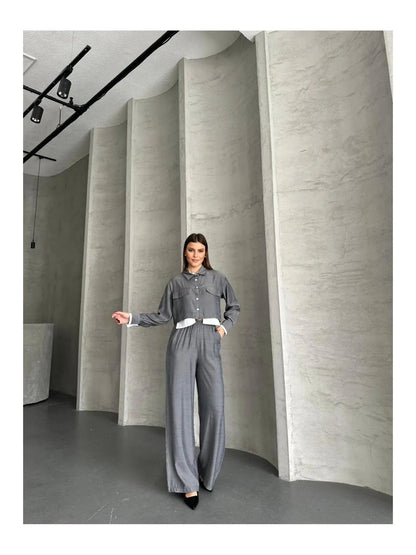 مجموعة قميص كروب واسع الأرجل للنساء من VOLT CLOTHING مع تفاصيل جيب - alotasawkli